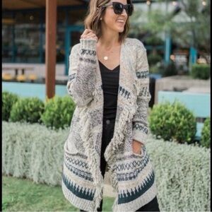 CABI 3701 Shetland Geometric Striped Fringe Open Cardigan Size Small